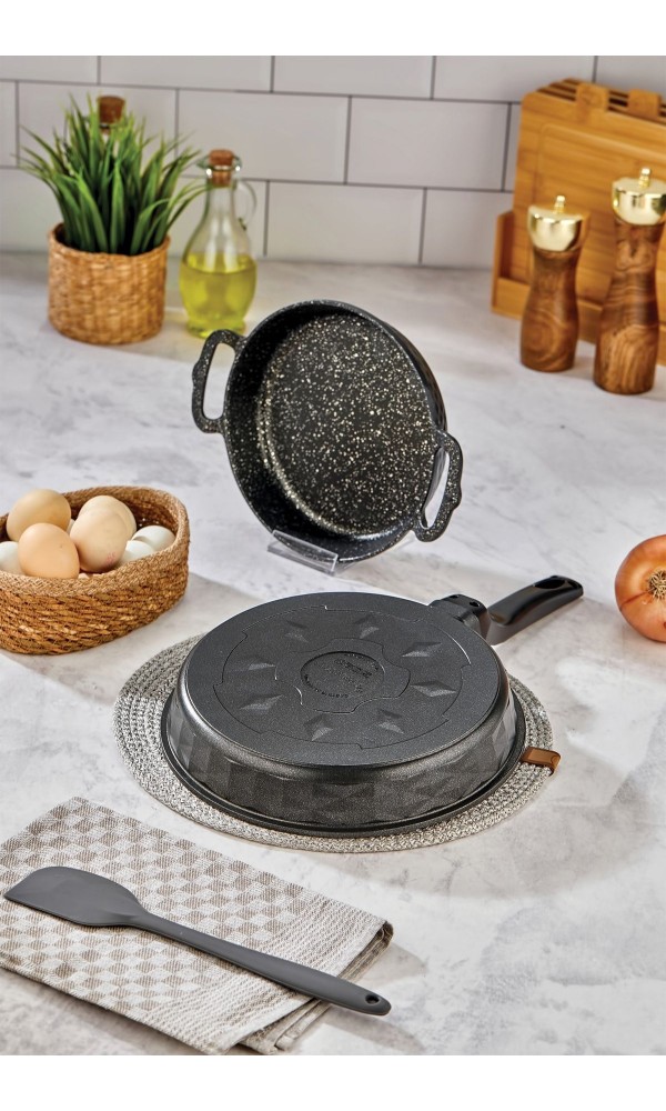 Kristal Granit Tava ve Sahan Seti - 2li Takım - 24 cm Tava + 20 cm Sahan - Siyah