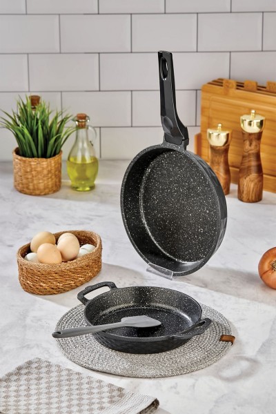Kristal Granit Tava ve Sahan Seti - 2li Takım - 24 cm Tava + 20 cm Sahan - Siyah