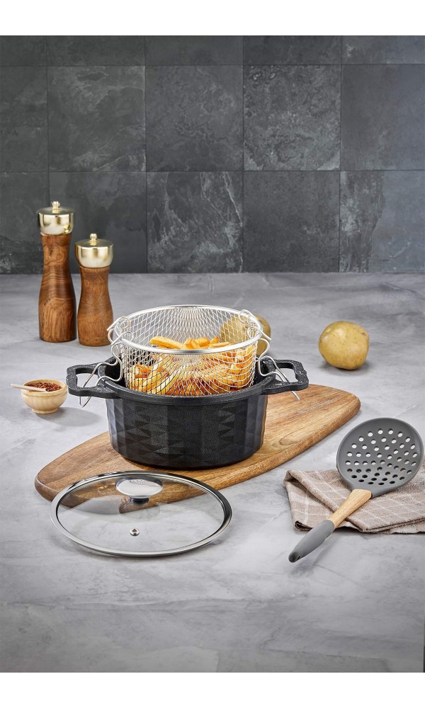 Kristal Döküm Granit Kızartma Tenceresi 20 cm - Siyah Yapışmaz Fritöz Tenceresi 
