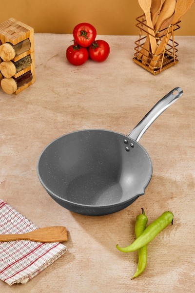 İron Döküm Granit Wok Tava 28 cm - Metal Kulplu - Gri
