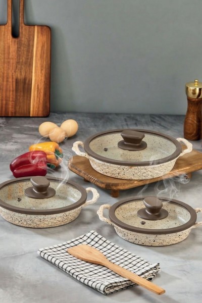 İnci Döküm Kapaklı Granit Sahan Seti 18-20-22 cm - Krem