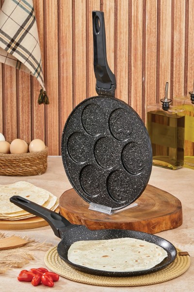 Polochef Granit 2li Kahvaltı Seti - Krep Tavası 26 cm + Pankek Tavası 26 cm - Siyah
