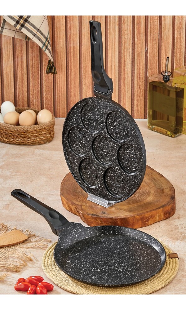 Polochef Granit 2li Kahvaltı Seti - Krep Tavası 26 cm + Pankek Tavası 26 cm - Siyah