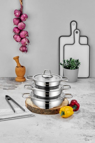 Paslanmaz Çelik Sahan Seti Silver Saplı 6 Parça - 16-18-20 cm