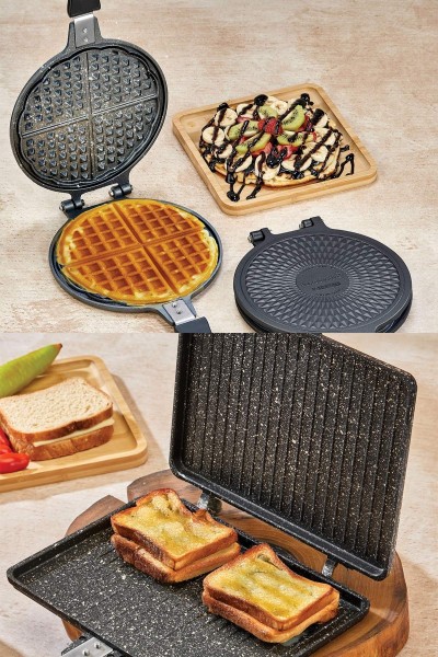 Granit Waffle ve Tost Tavası Seti - Ocak Üstü 2'li Set